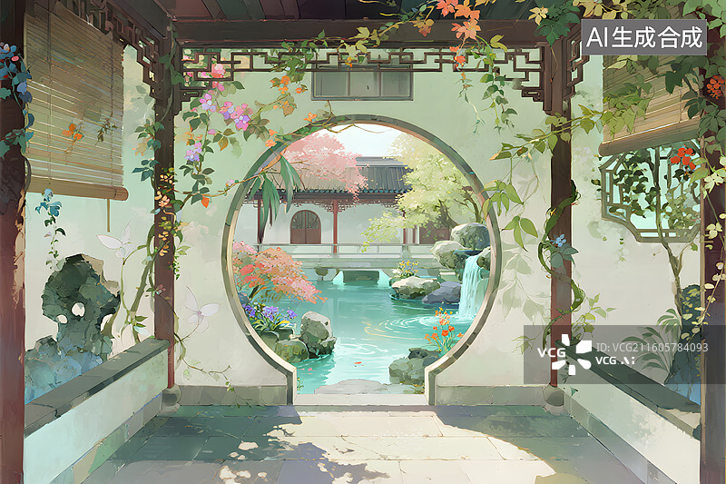 【AI数字艺术】中国园林水彩工笔画插画图片素材