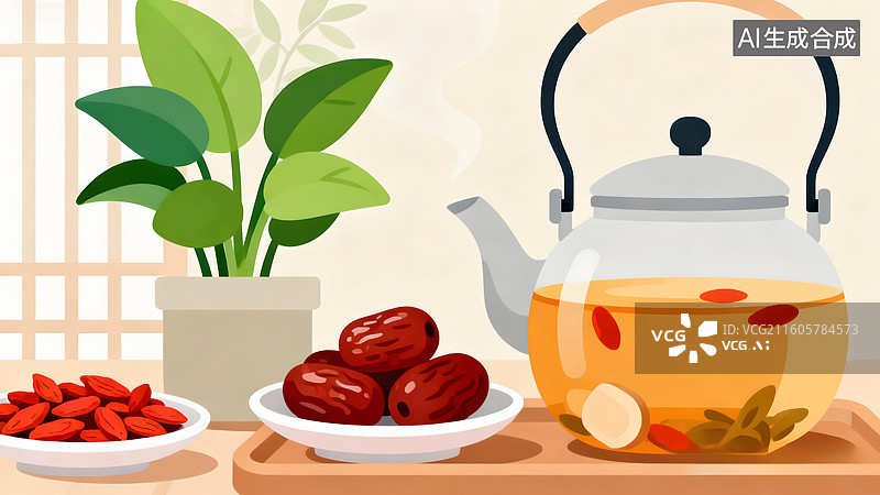 【AI数字艺术】绿色植物、养生茶与枸杞红枣图片素材