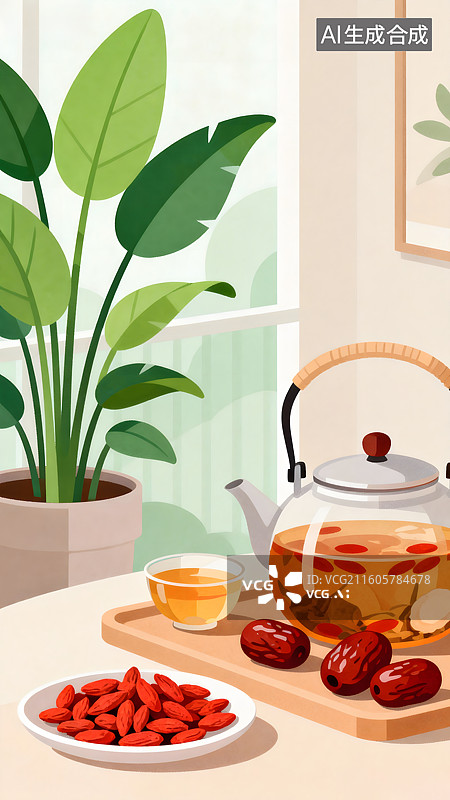【AI数字艺术】绿色植物、养生茶与枸杞红枣图片素材