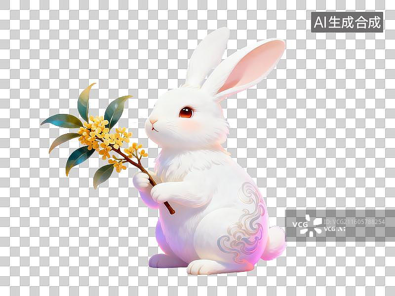 【AI数字艺术】白兔手持花枝静坐图片素材