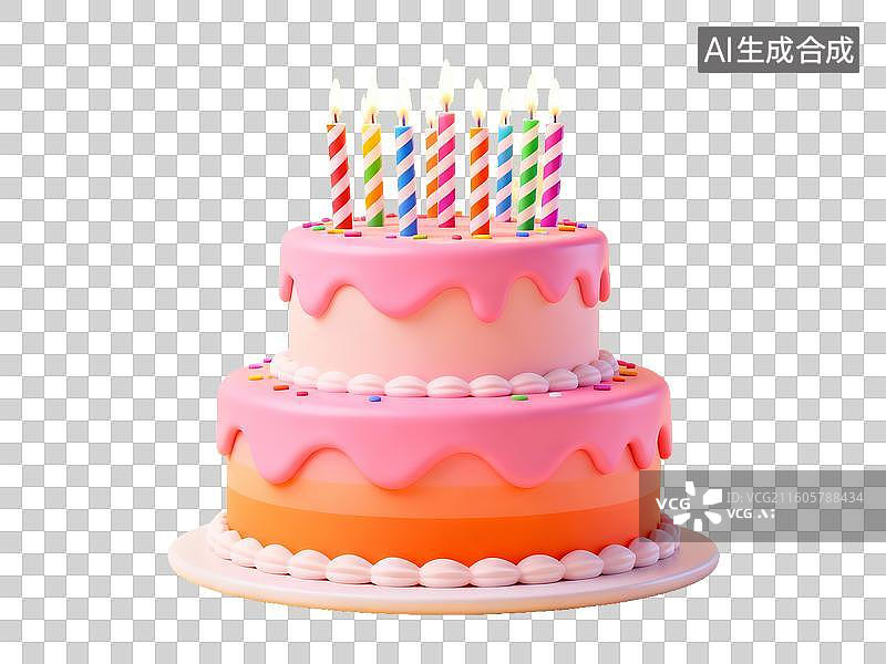 【AI数字艺术】3D 生日主题双层蛋糕彩色蜡烛免抠设计素材图片素材