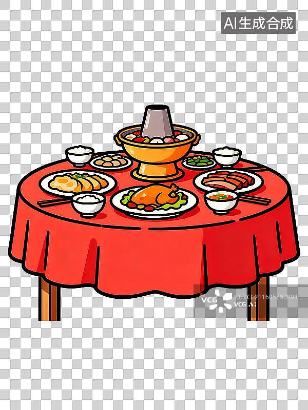 【AI数字艺术】红色餐桌上的火锅大餐图片素材