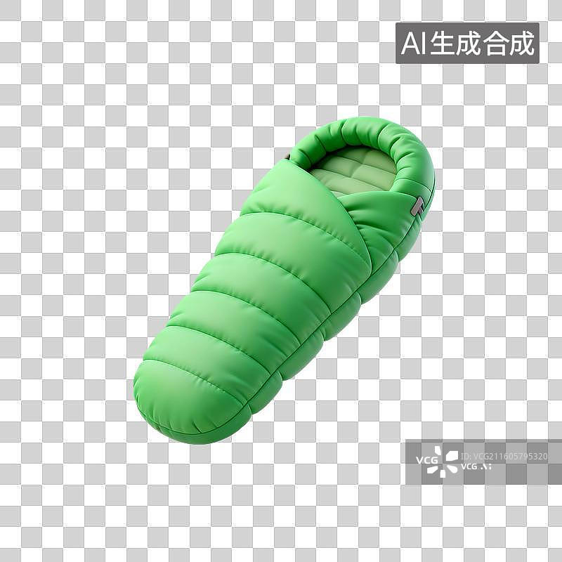 【AI数字艺术】3D渲染，绿色睡袋，露营，旅游，旅行，免抠元素图片素材