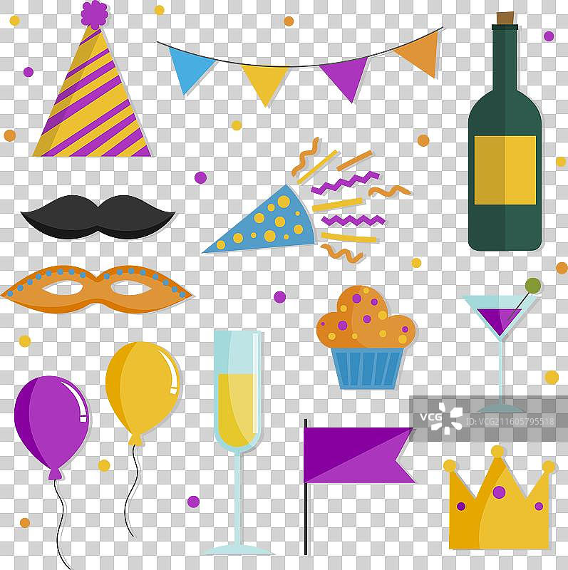 扁平化设计的新年派对元素集合图片素材