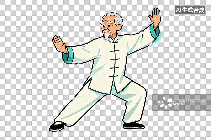 【AI数字艺术】卡通风格，正在打太极的老年人PNG格式的免扣元素图片素材