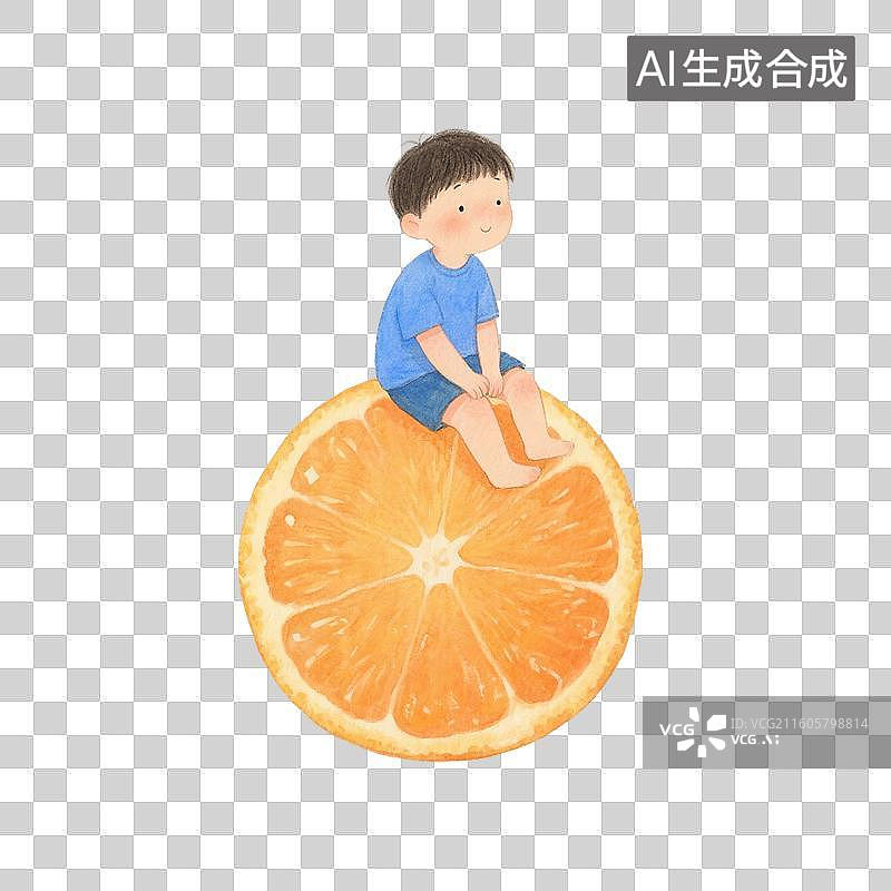 【AI数字艺术】治愈系手绘插画，男孩和水果，橙子，橘子，沃柑，秋天美食免抠元素图片素材