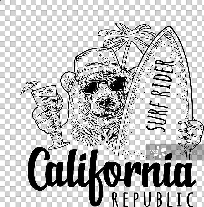 复古黑色风格的熊，手持冲浪板和鸡尾酒图片素材