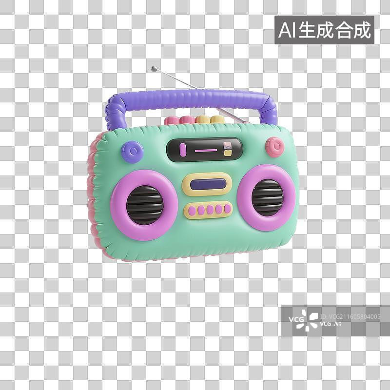 【AI数字艺术】3D渲染，流行音乐，充气膨胀风格，收音机，录音机，音频播放器，多媒体，免抠元素图片素材