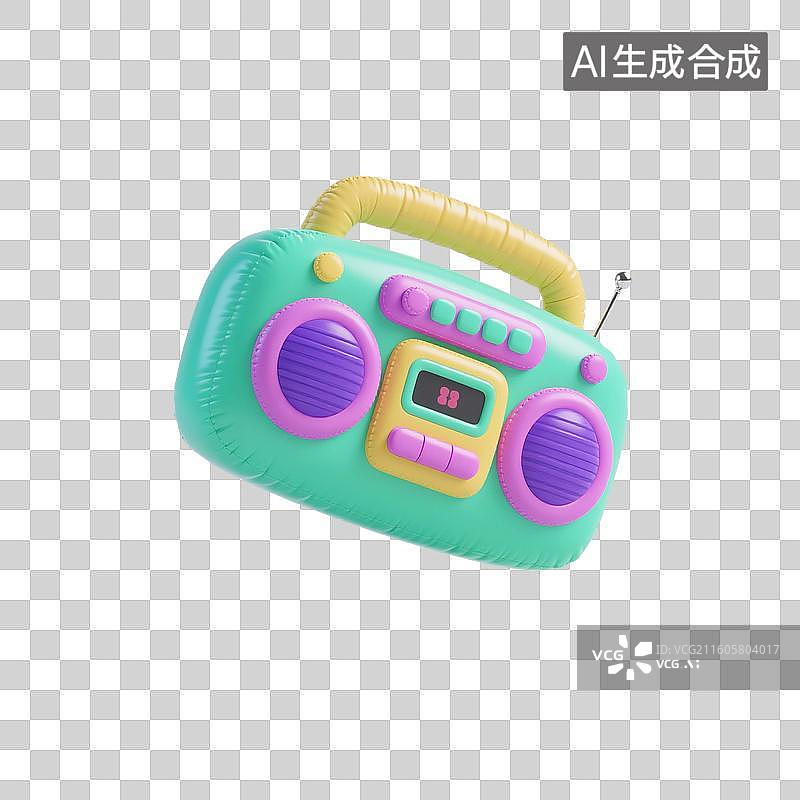 【AI数字艺术】3D渲染，流行音乐，充气膨胀风格，收音机，录音机，音频播放器，多媒体，免抠元素图片素材