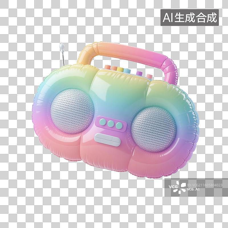 【AI数字艺术】3D渲染，流行音乐，充气膨胀风格，收音机，录音机，音频播放器，多媒体，免抠元素图片素材
