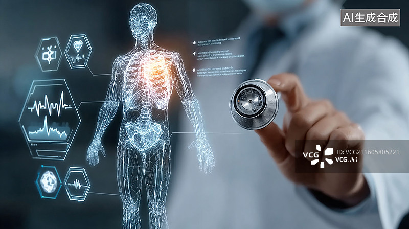 【AI数字艺术】医生与全息人体骨骼影像图片素材