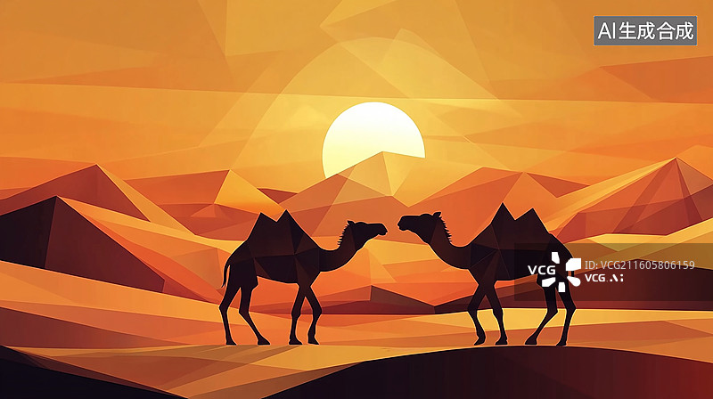 【AI数字艺术】沙漠骆驼剪影 落日风光图片素材