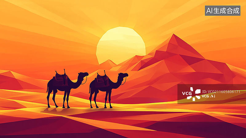 【AI数字艺术】沙漠骆驼剪影 落日风光图片素材