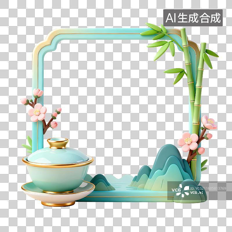 【AI数字艺术】3D渲染，中国风边框，盖碗茶，山水画，茶具，茶壶茶杯，春茶，茶叶，茶文化，茶道免抠元素图片素材
