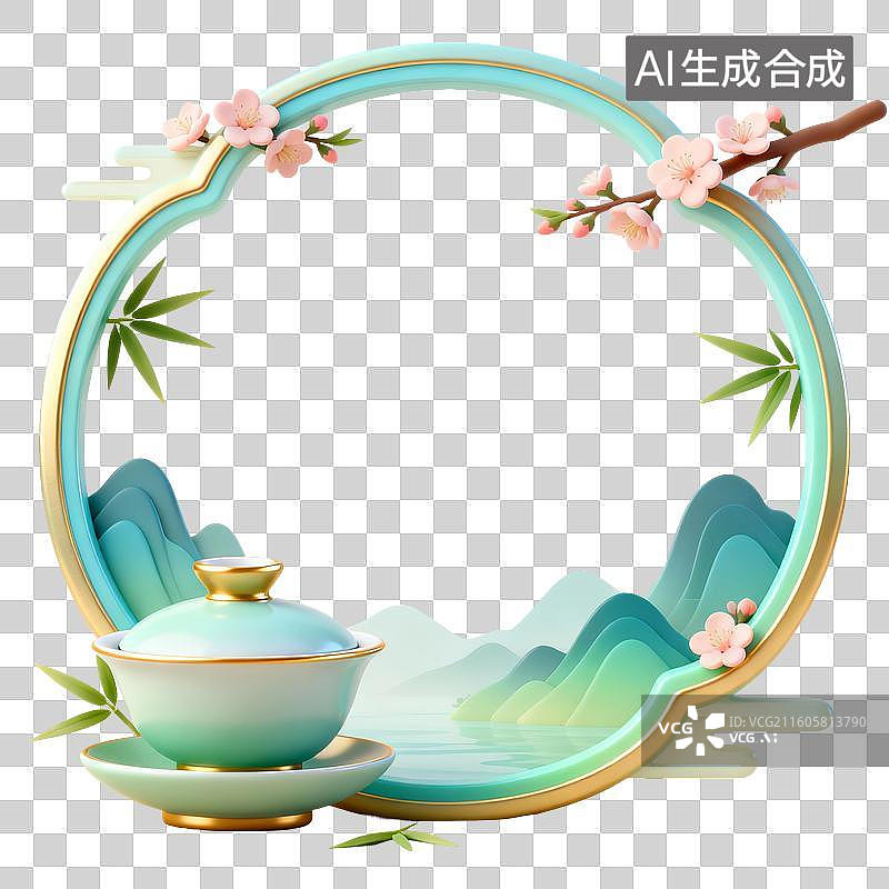 【AI数字艺术】3D渲染，中国风边框，盖碗茶，山水画，茶具，茶壶茶杯，春茶，茶叶，茶文化，茶道免抠元素图片素材