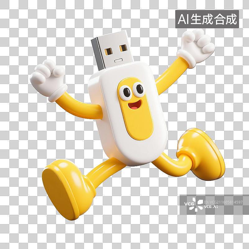 【AI数字艺术】3D渲染，拟人风格，卡通U盘元素，免抠元素图片素材