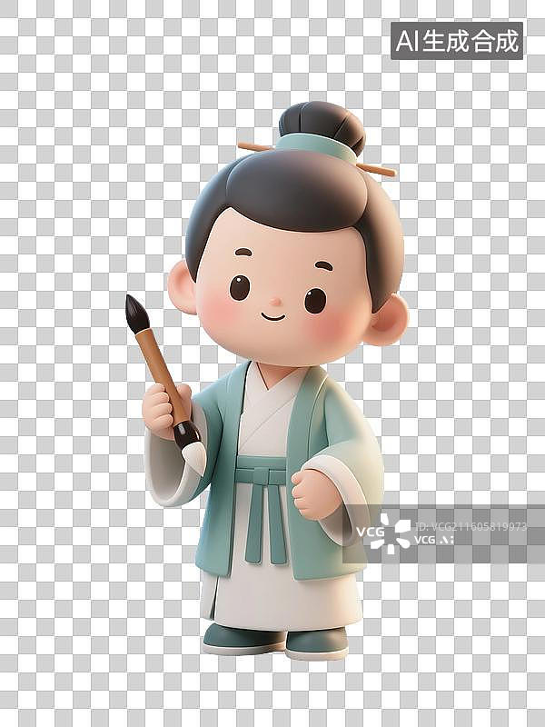 【AI数字艺术】3D渲染中国风卡通人物，状元，古代人拿着毛笔，高考加油，金榜题名，考试上岸，免抠元素图片素材