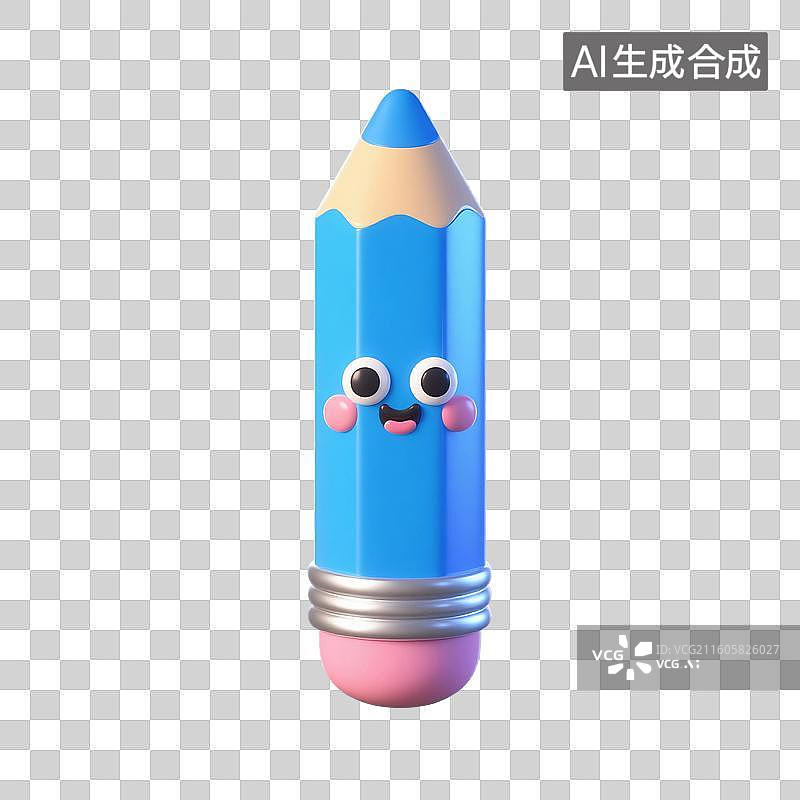 【AI数字艺术】3D渲染，蓝色卡通铅笔，铅笔，画笔，文具，高考冲刺，考试，学习，复习，开学季，促销，免抠元素图片素材