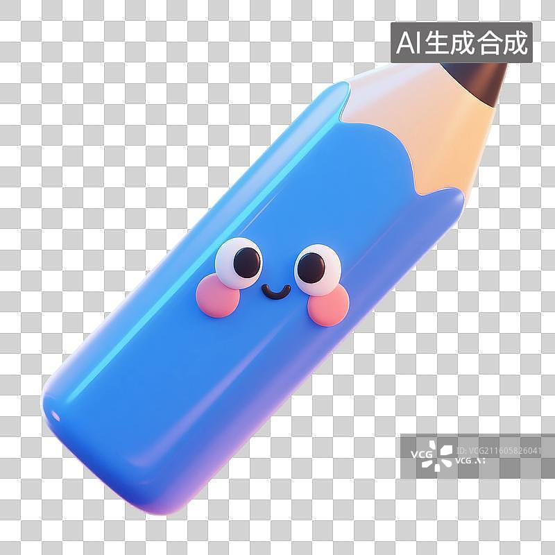 【AI数字艺术】3D渲染，蓝色卡通铅笔，铅笔，画笔，文具，高考冲刺，考试，学习，复习，开学季，促销，免抠元素图片素材