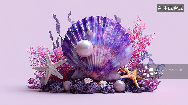 【AI数字艺术】紫色贝壳与珍珠图片素材