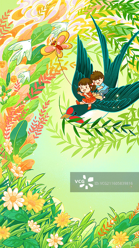 春日童话中的童真之旅插画图片素材