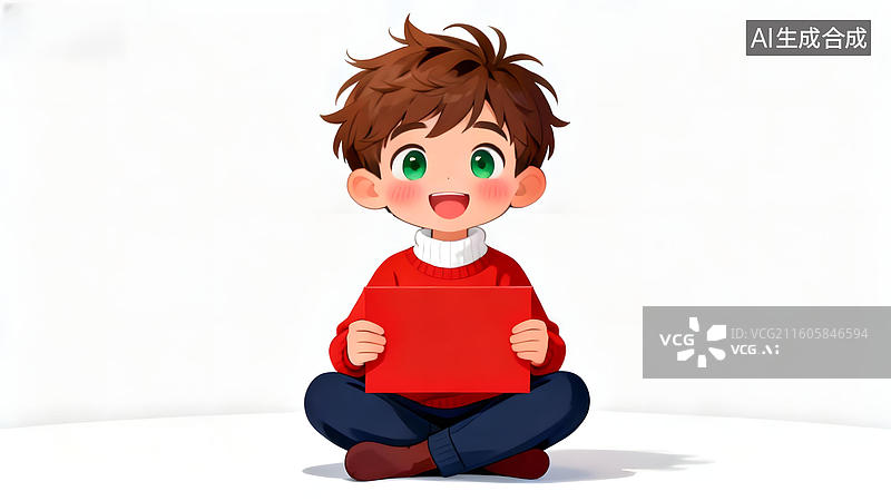 【AI数字艺术】男孩坐着阅读红色书籍图片素材