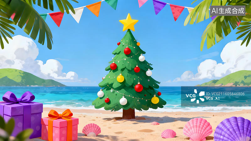 【AI数字艺术】海滩上的圣诞树与礼物图片素材