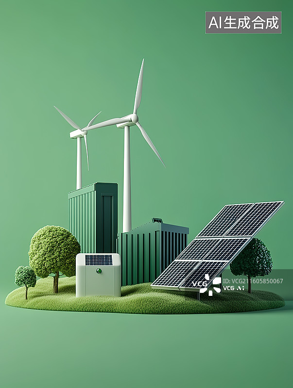 【AI数字艺术】风力发电机太阳能光伏电池板和储能电池新能源电力系统卡通插画图片素材