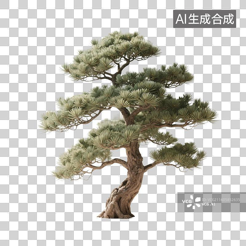 【AI数字艺术】3D渲染国风元素，罗汉松盆景，文房清供，松树盆栽，中式植物花卉，免抠元素图片素材