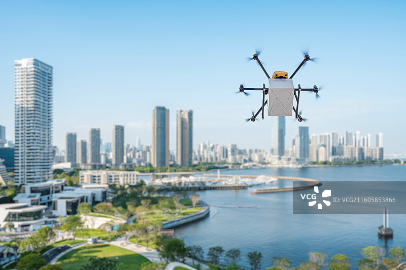 深圳湾区CBD城市建筑和无人机送货，无人机送餐，低空经济和新质生产力概念图片素材