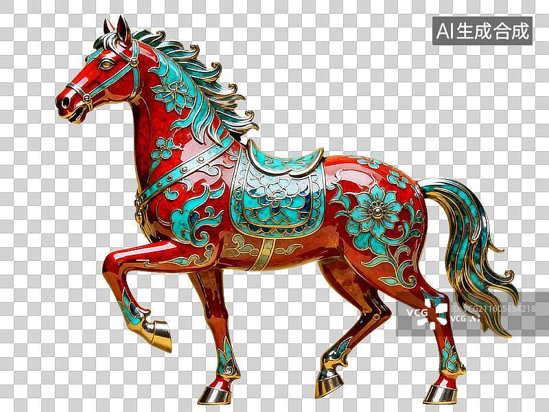 【AI数字艺术】3D渲染，景泰蓝，奔跑的马，马年，马，金色马，十二生肖，免抠元素图片素材