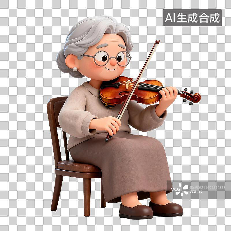 【AI数字艺术】3D渲染卡通人物，演奏小提琴的老奶奶，老人，老年人，退休老人，休闲娱乐活动，免抠元素图片素材