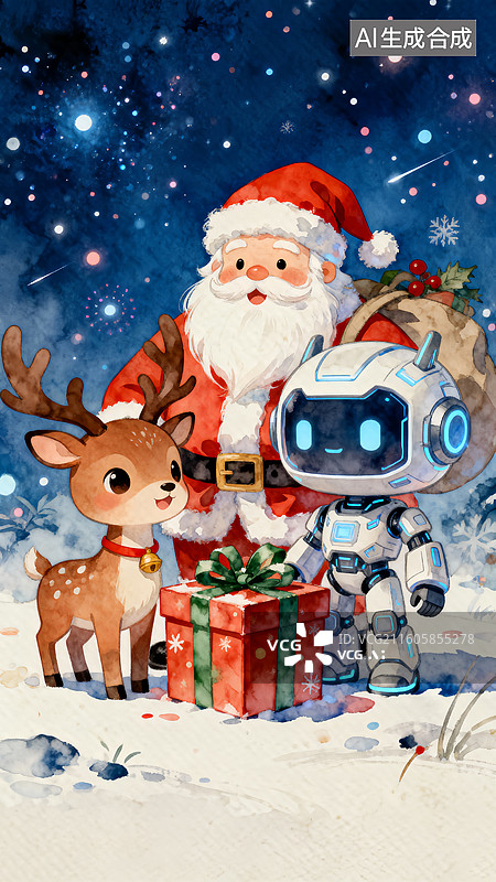 【AI数字艺术】圣诞老人与机器人和礼物 圣诞节主题插画图片素材