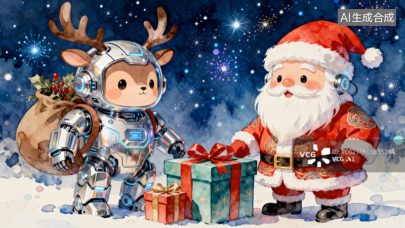 【AI数字艺术】圣诞老人与驯鹿机器人 圣诞节主题插画图片素材
