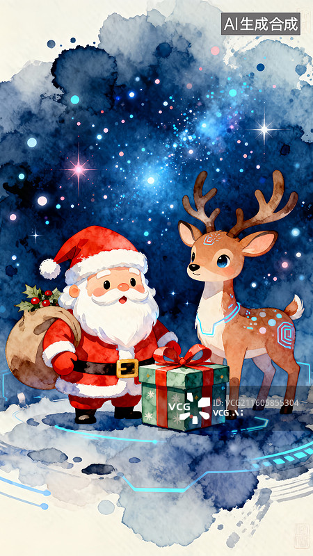 【AI数字艺术】圣诞老人与机器人和礼物 圣诞节主题插画图片素材