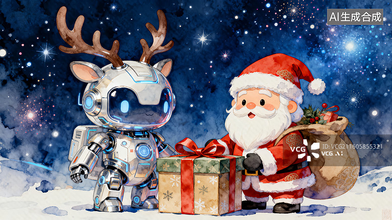 【AI数字艺术】圣诞老人与驯鹿机器人 圣诞节主题插画图片素材