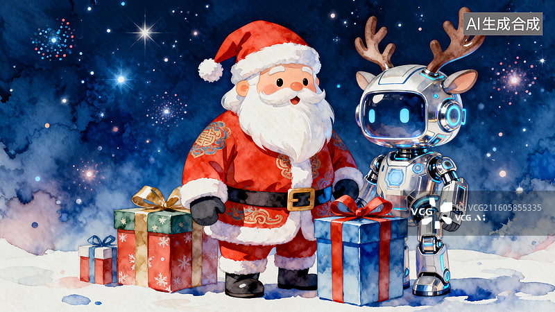 【AI数字艺术】圣诞老人与驯鹿机器人 圣诞节主题插画图片素材