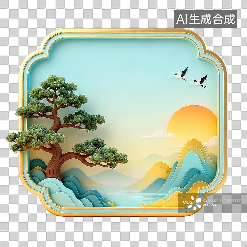 【AI数字艺术】3D渲染，中国风边框，国风山水，夕阳，松树山水，重阳节，免抠元素图片素材