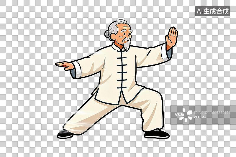 【AI数字艺术】卡通风格，正在打太极的老人PNG格式的免扣元素图片素材