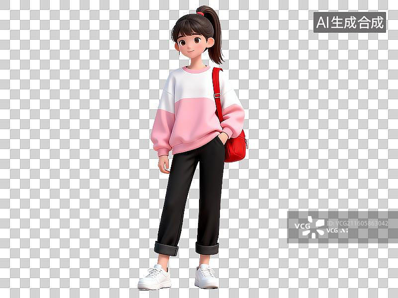 【AI数字艺术】女孩身穿粉色拼接毛衣搭配黑色长裤图片素材