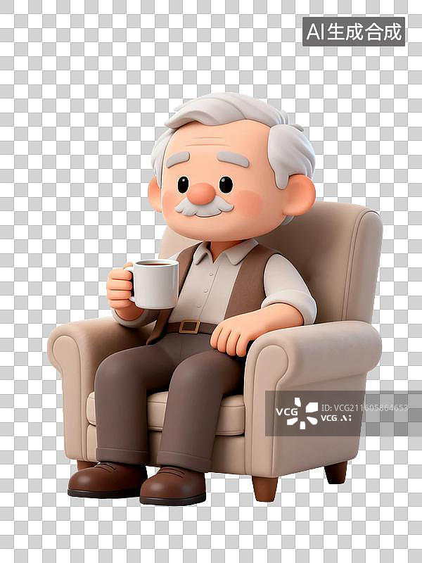 【AI数字艺术】3D渲染卡通人物，坐在沙发上喝水喝茶的老人，老人，老年人，退休老人，健康保健，免抠元素图片素材