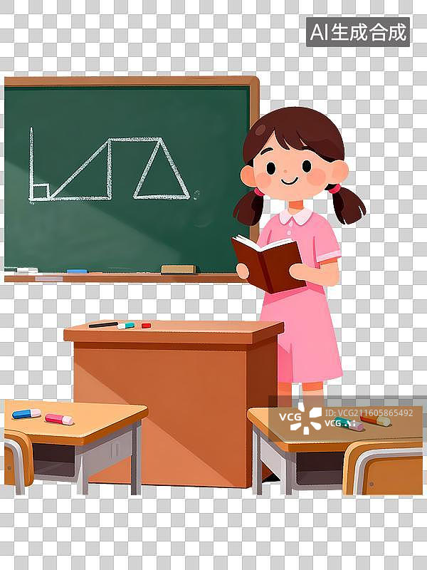 【AI数字艺术】扁平粉裙子女孩教师站在讲台上教学2D卡通人物插画元素图片素材