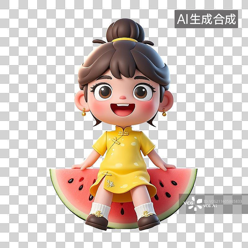 【AI数字艺术】3D渲染卡通人物，穿旗袍的小女孩坐在西瓜，夏天水果人物免抠元素图片素材
