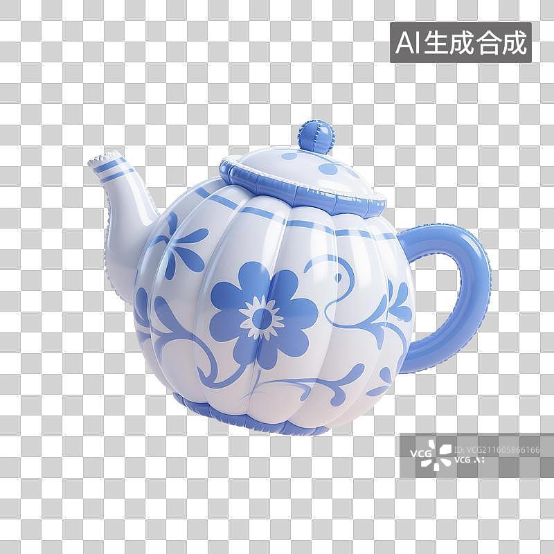 【AI数字艺术】3D渲染，充气膨胀风格，卡通茶壶，茶具，咖啡壶，下午茶，茶道，茶文化，免抠元素图片素材