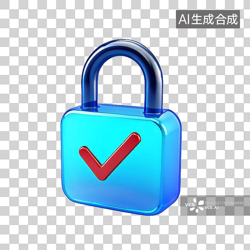 【AI数字艺术】3D渲染，一把锁，蓝色透明质感图形图标免抠元素图片素材