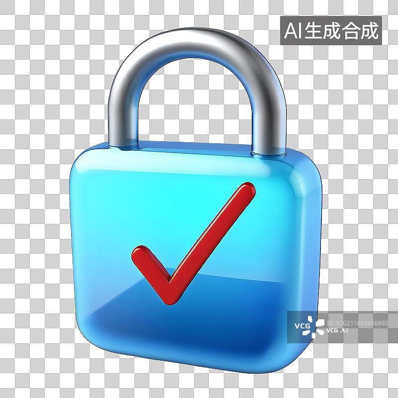 【AI数字艺术】3D渲染，一把锁，蓝色透明质感图形图标免抠元素图片素材