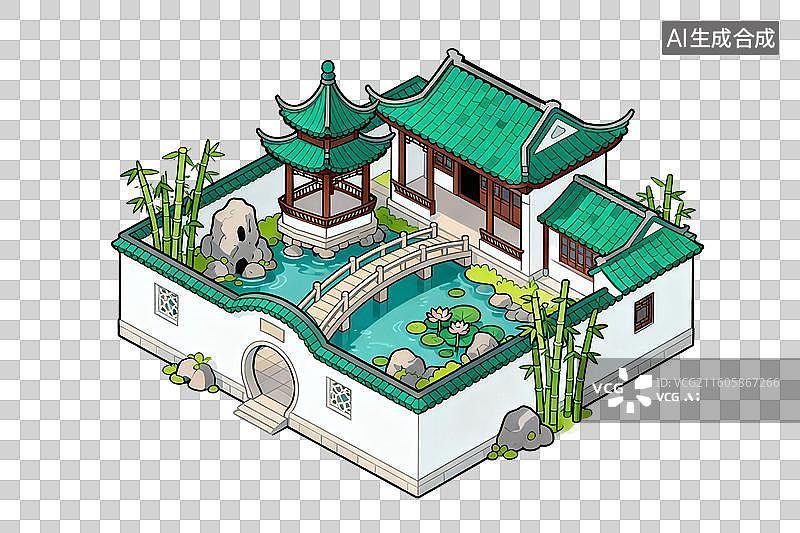 【AI数字艺术】卡通风格，江南园林建筑PNG格式的免扣元素图片素材