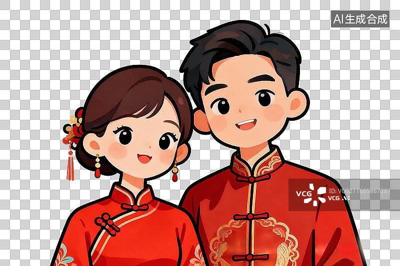 【AI数字艺术】卡通风格，穿着中式礼服拍照的一对新人PNG格式的免扣元素图片素材