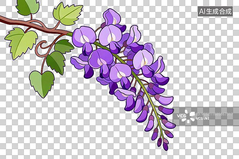 【AI数字艺术】卡通风格，盛开的紫藤萝PNG格式的免扣元素图片素材