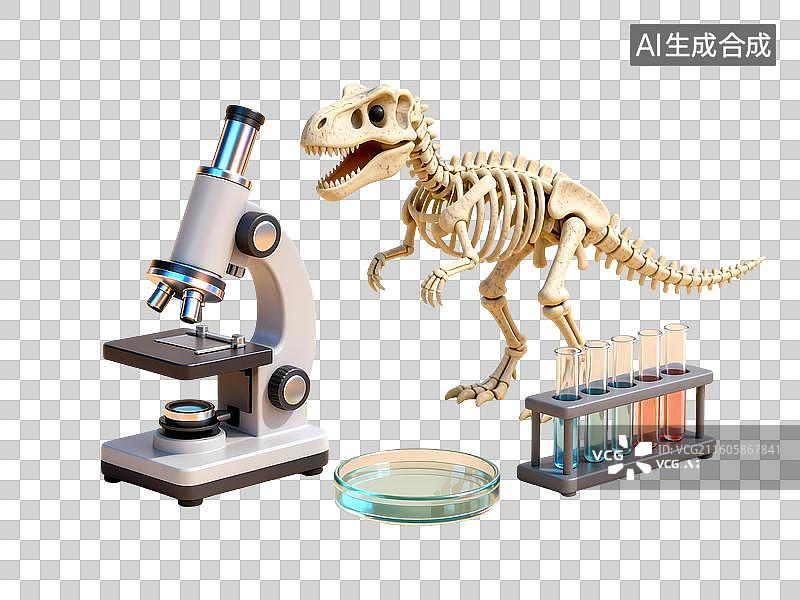 【AI数字艺术】恐龙骨架显微镜试管3D立体卡通C4D渲染插画元素图片素材